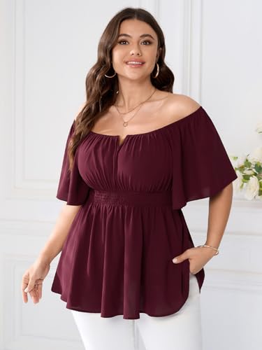 SCOMCHIC Womens Plus Size Peplum Tops Off The Shoulder Blouses Smocked Ruffle Babydoll Summer Top4