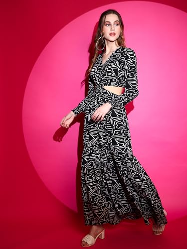 Image of Sheetal Associates Women's Crepe Fit and Flare Printed Full Sleeve V-Neck Casual Dress