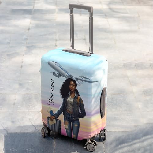 Thuha Tree Shop Personalized Name Black Women Luggage Cover 3 Sizes, black women luggage covers for suitcase (Style 13)2