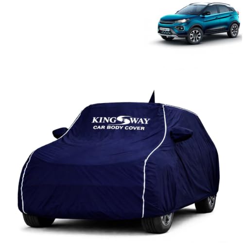 Image of KINGSWAY Super Waterproof Car Cover Only with Tata Nexon EV (Year 2020 to 2023 - All Model) | Mirror and Antenna Pockets | All Weather Car Body Cover with Silver Piping | Blue