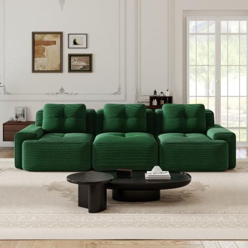 Image of 117 inch Oversized 3 Seater Modular Boneless Couch, Durable Corduroy Fabric, Deep Seat Cloud sectional Sofa with Buckle Connection and Tufted Detail, No Assembly, Anti Slip, Green