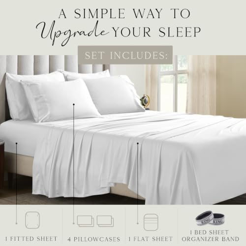 Image of KARISSA MAE 6 Piece Luxury Bamboo Viscose King Sheet Set, 4 Pillowcases | FSC Certified | Cooling | Ultra Soft | 18 inch Deep Pockets | Elastic Corner Straps |Includes Organizer Band [White]