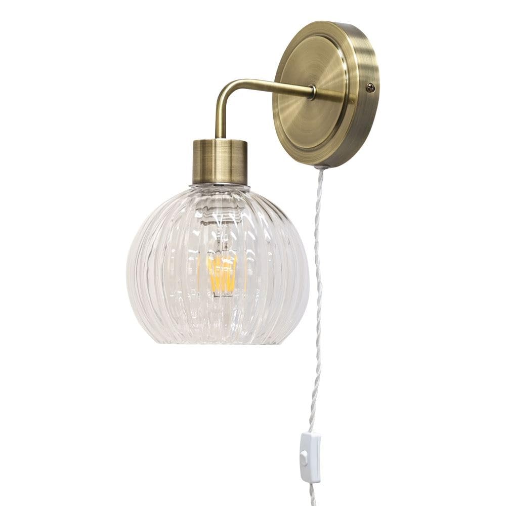 Firstchoicelighting Antique Brass & Clear Antique Brass Plug In Wall Light Or Bedside Reading Lamp With Clear Ribbed Glass Shade