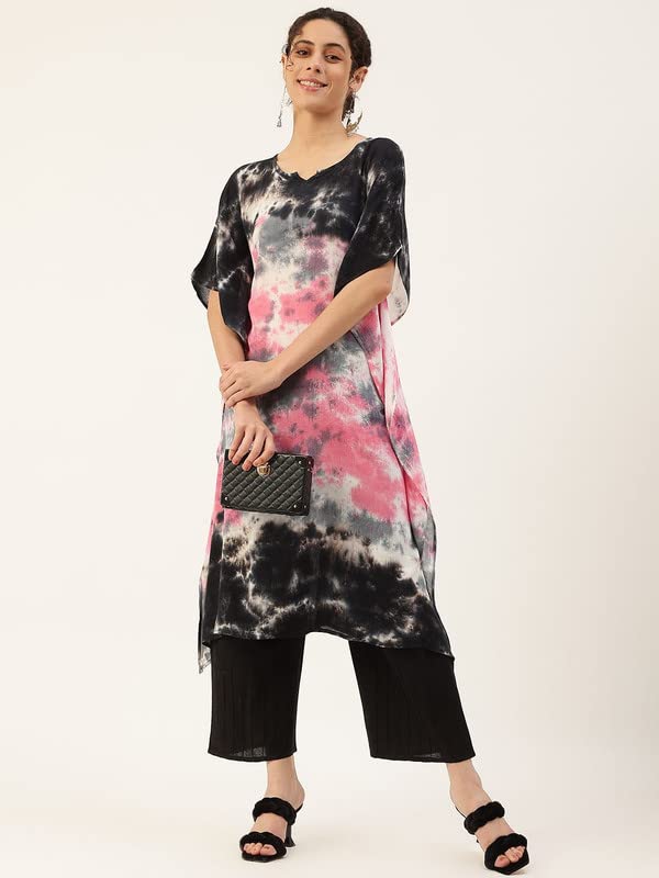Image of Maaesa Women Handcrafted Tie & Dye Rayon Crepe Kaftan Kurta | Casual Wear | Flowy Kaftan Style | Lightweight & Breathable Fabric