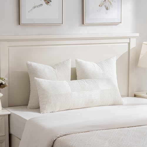 Image of Fancy Homi Set of 2 Cream White Boho Long Lumbar Body Decorative Throw Pillow Cover 14x36 Inch for Bed Couch Bedroom Bench, Soft Patchwork Corduroy Textured Pillow Case, Rustic Farmhouse Room Decor