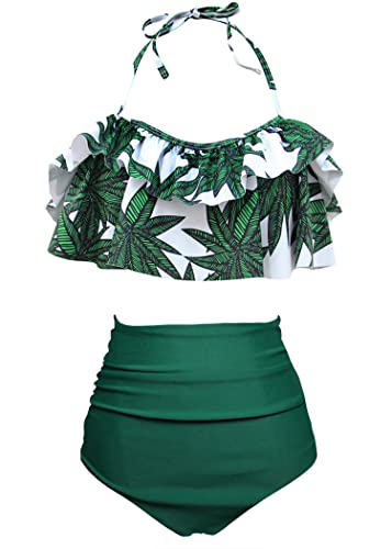 AOQUSSQOA Femme Vintage Taille Haute Volants Maillot de Bain Mignon Bikini 2 Pièces (Bamboo, XS)