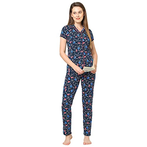 Image of Sweet Dreams Women Half Sleeve Cotton Printed Front Open Navy Night Suit Set