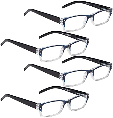 LUR READING GLASSES 4 pack Two-color frame Readers (BlueClear)