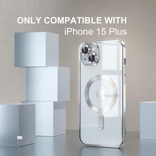 Image of Misea Magnetic for iPhone 15 Plus Case Compatible with MagSafe Silver | [Never Yellowing] [Military Drop Protection] Full Camera Lens Protector Plating Soft Clear Phone Case for Women, Silver