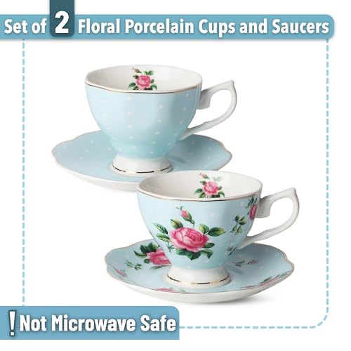 BTaT- Floral Tea Cups and Saucers, Set of 2, 8oz, with Gold Trim, Coffee Cups, Floral Tea Cup Set, British Tea Cups, Porcelain Tea Set, Tea Sets for Women - Thumbnail 2