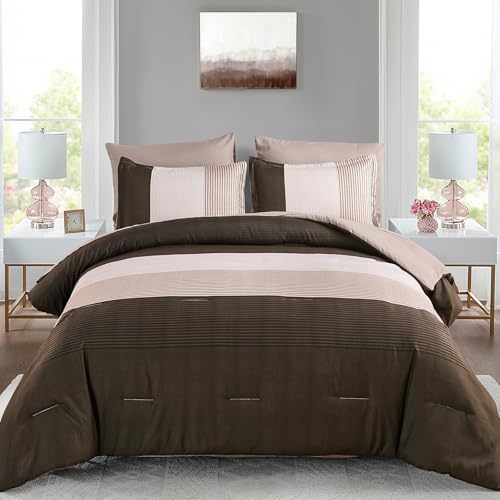 Anibedding King Size Comforter Set 7 Pieces, Chocolate Brown Bedding Set Patchwork Striped Bed in a Bag, Soft Microfiber Comforter Set with Sheets for All Season