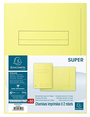 Exacompta 10250 Super Chemise carte semi rigide 240 x 320 mm 210 g Imprimées 2 Rabats Canari Lot de 50