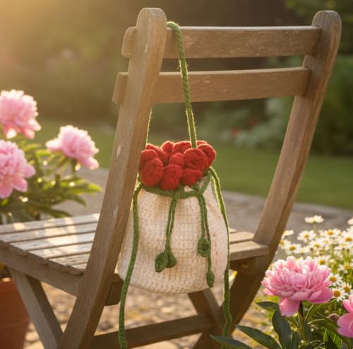 Image of Handmade Crochet Flower Crossbody Sling Bag for Women | Boho Knitted Bucket Shoulder Purse Rose Design