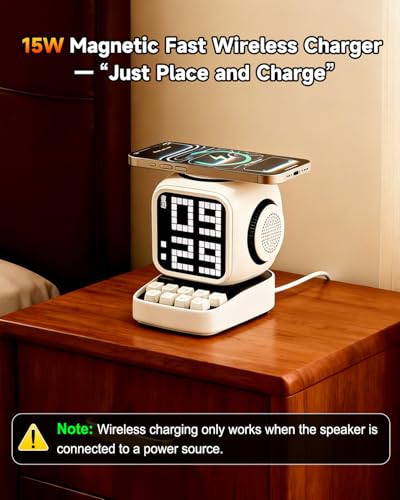 Image of Retro Robot 5-in-1 Bluetooth Speaker: 15W Wireless Charger, Pixel LED Screen, 10W Stereo Sound & 15 White Noise, Alarm Clock, Cute Portable Wireless Speaker for Bedroom Desk Office, Birthday Gifts