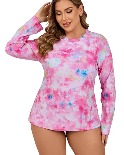 Halcurt Plus Size Long Sleeve with Bra Bulit in Rash Guard Shirts Tiedye 4X