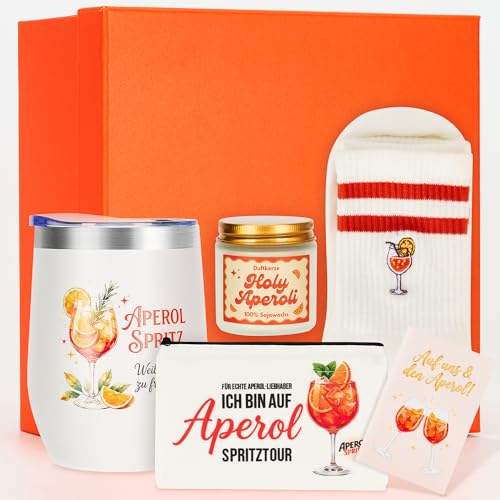 Rilcn Aperol Geschenkset für Frauen Aperitif Geschenkidee mit Thermobecher Socken Kosmetiktasche & Duftkerze Geschenk für Freundin Beste Freundin Geburtstag & Weihnachten