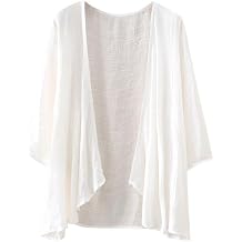 Womens Cotton Linen Cardigan Lightweight Bolero Waterfall Jacket Summer Half Sleeve Beach Cover Up Casual Open Front Kimonos Blouse Shrug Coat