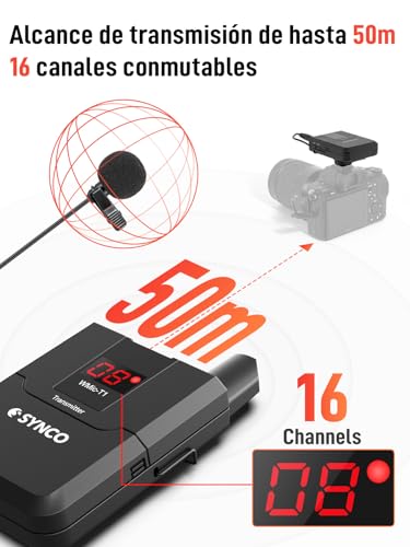 SYNCO Micrófono de Solapa Inalámbrico, Sistema UHF de 16 Canales con Doble Transmisor y Receptor, Micrófono de Clip hasta 50m para Entrevistas, DV Cámara DSLR Canon Sony Nikon Panasonic WMic-T1 - imagen 3