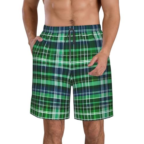 Blue and Green Scottish Tartan Men's Standard Quick Dry Swim Trunk,Casual Mens Swim Trunks with Mesh Lining
