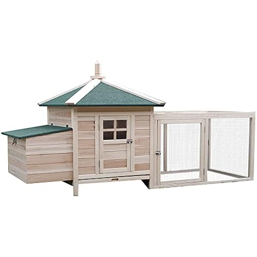 PawHut 77" Wooden Chicken Coop with Nesting Box, Cute Outdoor Hen House with Removable Tray, Ramp Run, for Garden Backyard, Natural