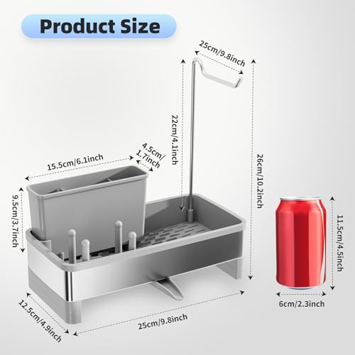Ewaiira Sponge Holder for Kitchen Sink, Stainless Steel Sink Caddy | with Brush Holder & Dishcloth Rack, Countertop Sink Organizer, Soap Dispenser Kitchen Organizers Storage (F-Gray 9.8″) - image 6