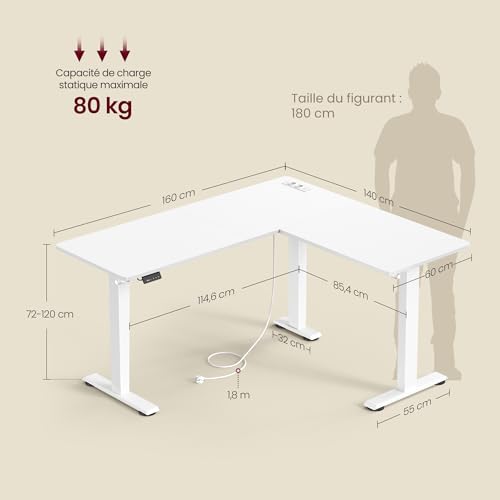 VASAGLE Bureau Électrique Réglable en Hauteur, Table d’Angle en L, 140 x 160 cm, avec Multiprise, Fonction Mémoire 2 Hauteurs, pour Télétravail, Blanc Nuage et Blanc Mat LSD264W01 – vue 3