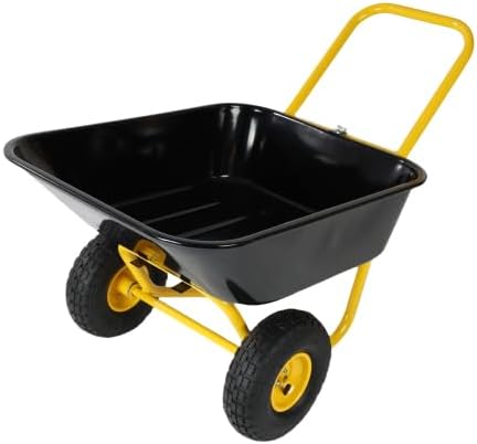 Dual Wheel Wheelbarrow 10-Inch Pneumatic Wheels, Heavy Duty Metal Wagon Supports 200 Lbs for Garden, 35 Liters Large Capacity, Steel Frame, Yellow & Black