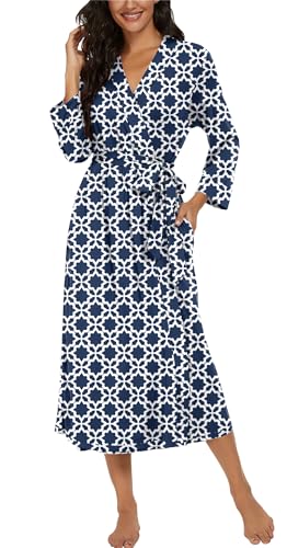 Image of VINTATRE Robes for Women Long Knit Bathrobe XS-4XL | 3 /4 Sleeve Bathrobes with Pockets, Stretchy and Lightweight Fabric, Inner Tie and Fixed Outer Matching Belt, Mid Calf Length