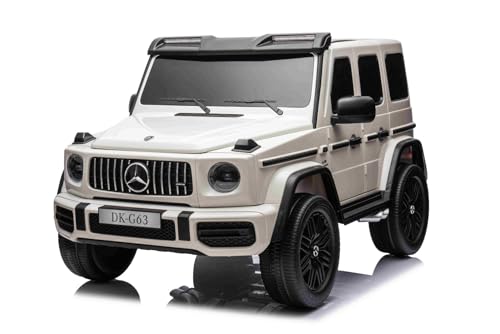 Coche eléctrico 12V Mercedes Benz G63 AMG 4x4² Biplaza, Blanco, Reproductor MP3 con Entrada USB/AUX, Tracción 4x4, Batería 12V14Ah, Ruedas EVA con suspensión, Mando a Distancia, Licencia
