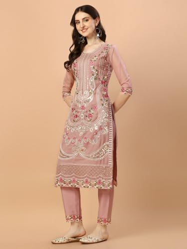 Image of NIVANA Womens Pakistani Embroidered Kurta with Pant & Dupatta | Organza Kurta Set with Round Neck & 3 /4 Sleeves | Traditional Ethnic Wear for Festive and Party Occasions