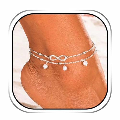 Jeweky Boho Double Ankle Bracelets Silver 8 Shape Anklets Chain Pearl Beach...