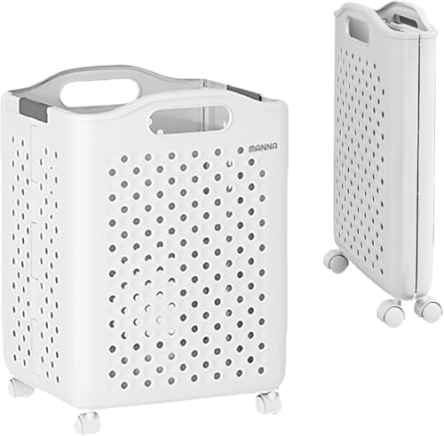 折りたたみ式ランドリーバスケット, キャスター付き, 3サイズ展開 (S/M/L), 幅33.2-36.5cm, 奥行22-31cm, 高さ47cm, ホワイト&クリーム (ホワイト, M)