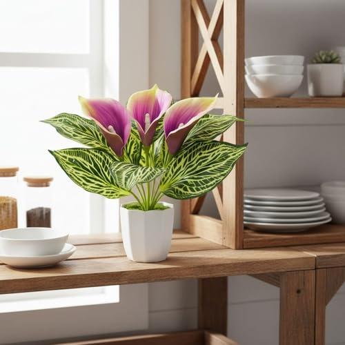 Image of fancymart Artificial Calla Lily Plant with Pot - 30 cm Height Decorative Flower Leaves (Pack of 1) | Realistic Faux Plant for Home & Office Decor | Table, Shelf & Desk Decoration
