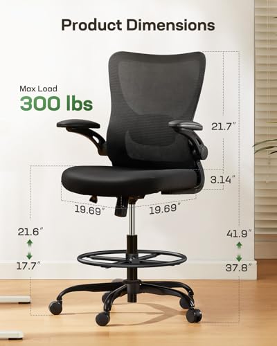 Image of Marsail Drafting Chair, Tall Office Chair with 2D Lumbar Support, Standing Desk Chair,High Office Chair with Padded Flip-Up Armrests & Adjustable Footrest Ring, Dark