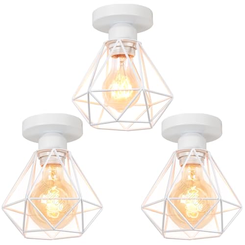 TOKIUS Lámparas de Techo Retro Plafón Ø 16cm Vintage Lámpara Colgante Diseño de Jaula de Hierro Blanco E27 Iluminación de Techo de Interior para Pasillo Porche Cocina Dormitorio (Plafon - 3 Piezas)