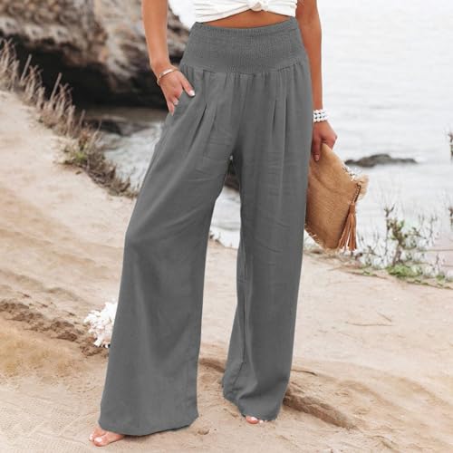 Basysin Linen Pants Women Solid High Waisted Pant Stretchy Wide Leg Pocket Palazzo Pants Casual Comfy Beach Pants Trousers3