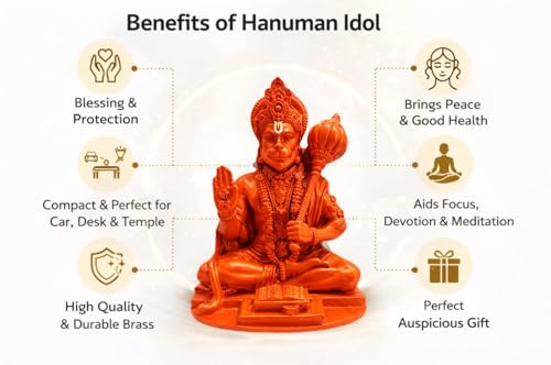 Image of Yadava Orange Hanuman Ji Idol with Double Sided Adhesive Sticker for Home Temple & Car Dashboard | Hanuman Murti with Gada | Powerful Hanuman Statue for Strength, Courage & Protection (Orange)