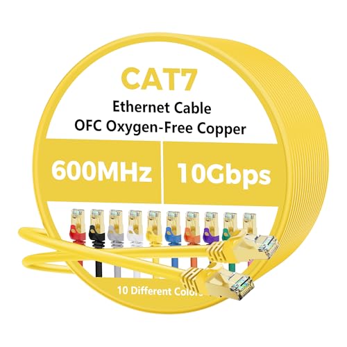 Cat 7 Ethernet Cable 20 FT, 10Gbps High Speed Internet Cord, SFTP Shielded, OFC Pure Copper, CAT7 RJ45 LAN Network Cable Compatible with PC, Laptop, PS5, Xbox Modem, Router, PoE, Yellow Cable