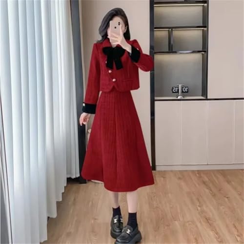 Women's Tweed Wool Winter Thickened Warm Bow-Knot Jacket And Party Maxi Skirt Set4