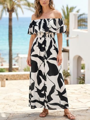 Image of CUPSHE Women Ruffle Floral Maxi Summer Dress Off Shoulder Short Sleeve Backless Flounce Bodice Slit Hem Beach Dresses
