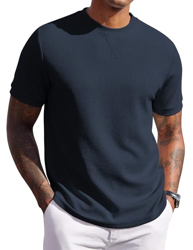 COOFANDY Mens Waffle Crewneck Shirt Casual Short Sleeve T Shirts Summer Solid Pullover Tees Navy Blue L