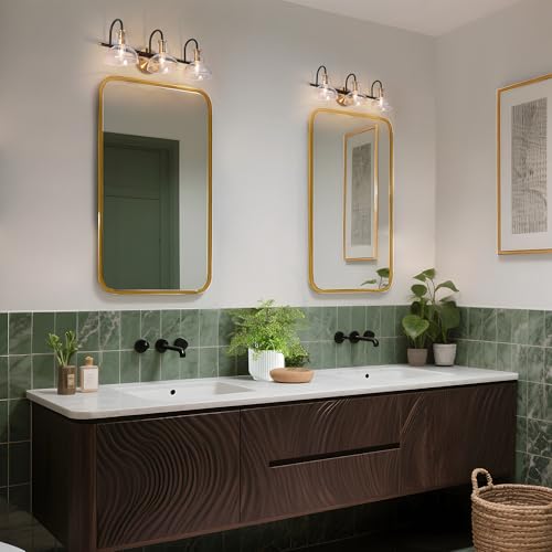 Image of KSANA Black and Brass Vanity Light, Modern Clear Glass Bathroom Light Fixture, Black Gold 3-Light Wall Lighting Over Mirror