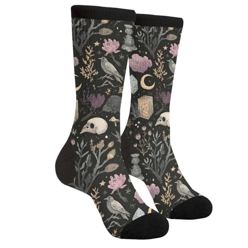 DEKIFNHG Halloween Gothic Witch Socks Funny Crow Novelty Socks Casual Athletic Crazy Crew Socks For Women Men