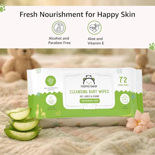 Image of Amazon Brand - Mama Bear Cleansing Baby Wipes With Lid | 360 Wipes | 72 Wipes x 5 Packs | Dermatologically Tested | With Aloe Vera & Vitamin E | Alcohol-free | Paraben-free | Water-Based Formulation