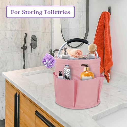 Image of 17L Portable Shower Caddy with 6 Side Pockets, Foldable Cleaning Supply Caddy with Handle, Garden Tool Bag in 600D Oxford Fabric, Multifunctional Storage Basket for Showers, Picnics, Pink