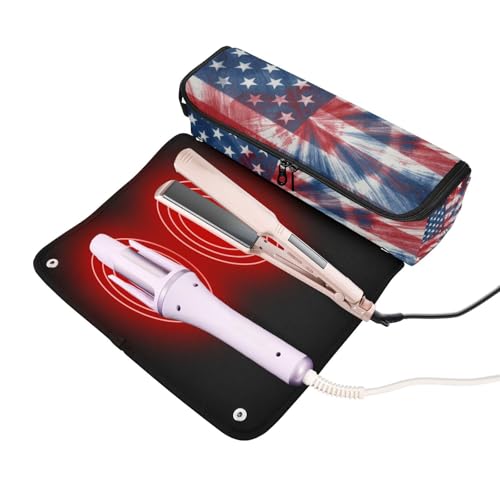 Bolsa de viaje para herramientas de cabello con tapete para planchas y secadoras, diseño de bandera americana teñida anudada en rojo, blanco y azul miniatura 2