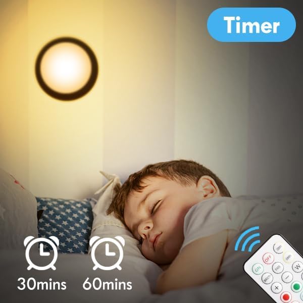 Image showing a sleeping child with a puck light on the wall and the remote control, indicating the 30-minute and 60-minute timer functions.