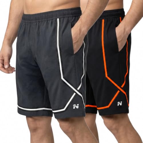 Image of NINQ Men's Sports Shorts Pack of 2 | Casual Gym Shorts with Side Zipper Pockets, Elastic Waist & Quick-Dry Comfort for Running & Workout
