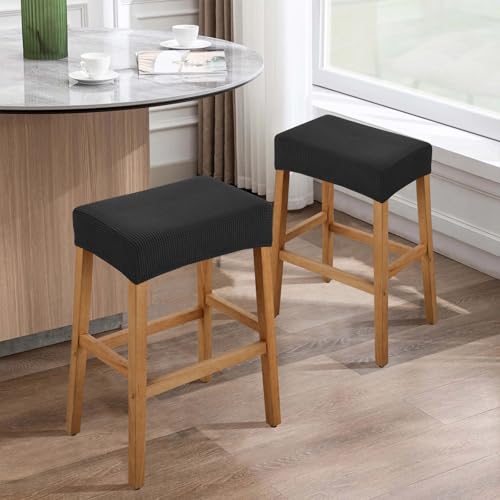 Image of YISUN Stool Covers Rectangle - 2 Pack Stretch Waterproof Saddle Seat Cover Counter Bar Stools Bar Chairs Covers Kitchen Island Chairs Cushion Protector (2, Black)