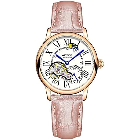 GUANQIN Aesop Skeleton Automatic Watches Self Winding for Woman Stainless Steel Leather Watch Simple Dress Mechanical Ladies Wristwatches Waterproof (Rose Pink) Cover